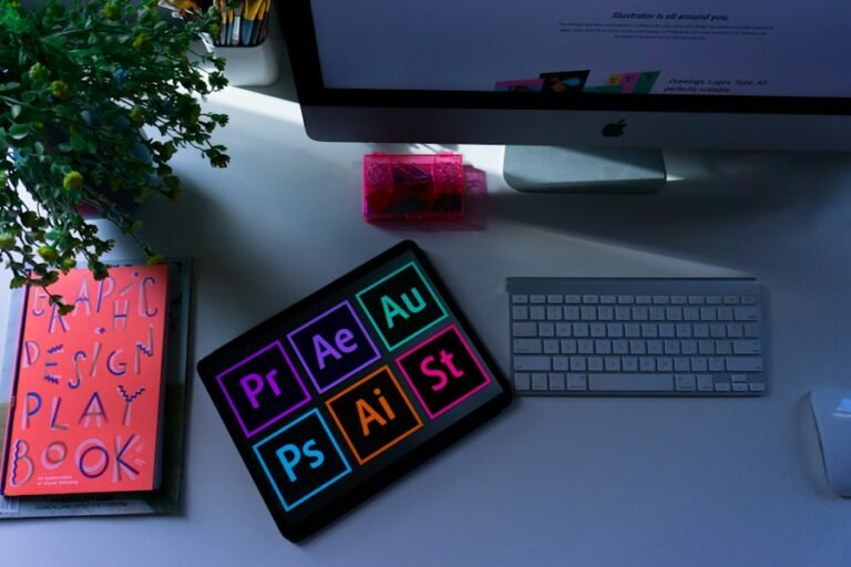 Brand and logo design work on a desk